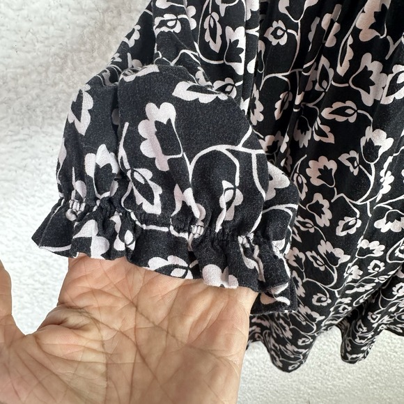 Boden Womens Black White Floral Dress Size 12R‎ Long Sleeve Ruffle Neck Boho - Picture 7 of 16